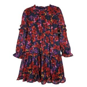 NWT Zac Kids Floral Tiered Dress Girls XXL 18 Navy Red Metallic Ruffle Chiffon